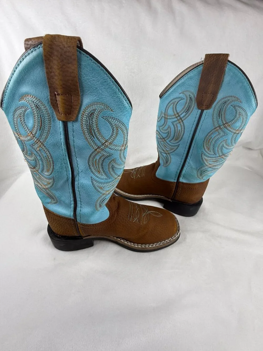 Old West Kids Cowboy Boots Size 10.5 D Brown Turquoise Square Toe Western VB9167